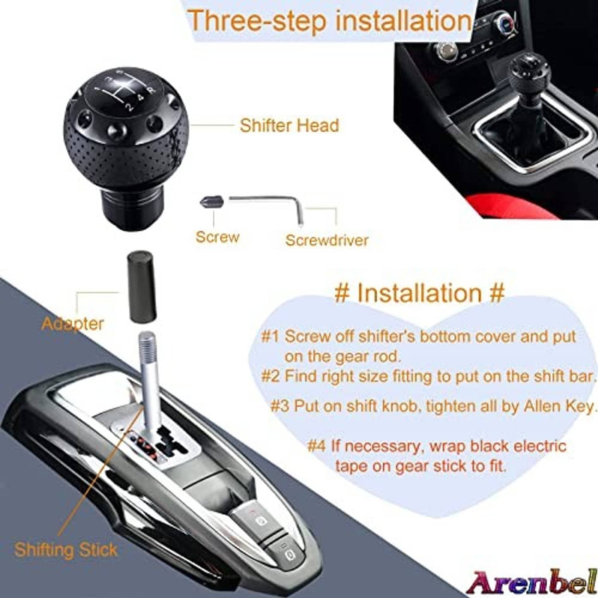 Gear shifter head with black shift knob, adapter sleeves, and hex key