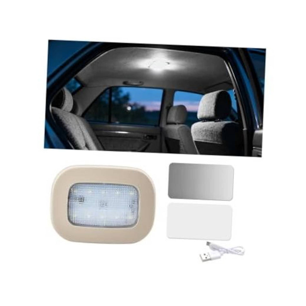 Beige wireless LED car dome light with magnetic mounting plates and USB cable