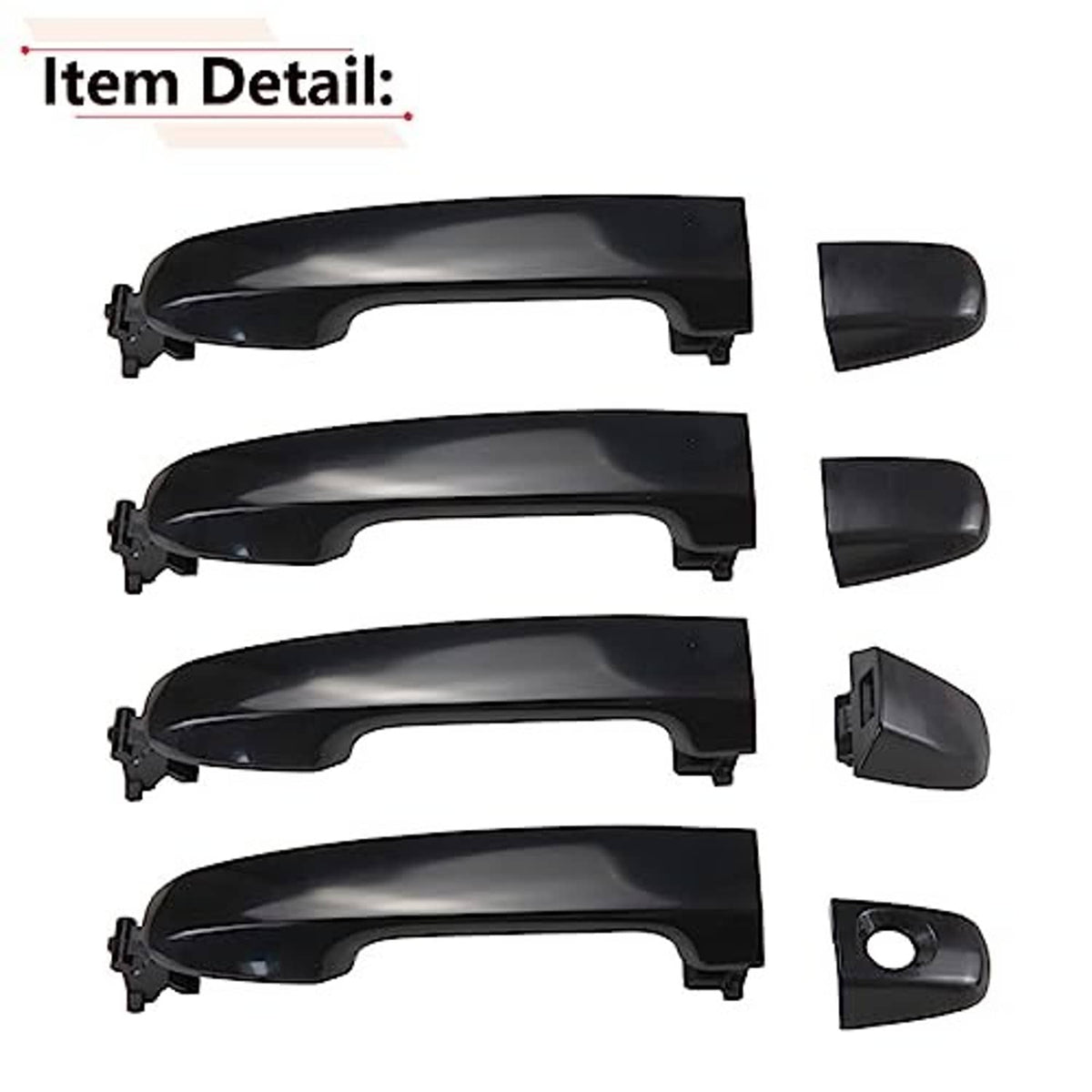 Black exterior door handle with smooth outer cover and separate mounting cap pieces