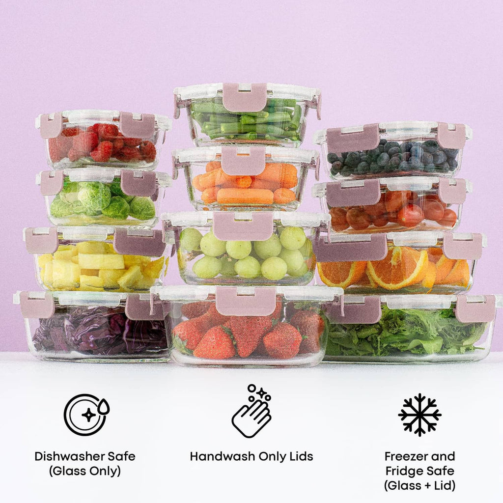 Borosilicate glass food containers set with BPA-free lids and safety icons for dishwasher/freezer