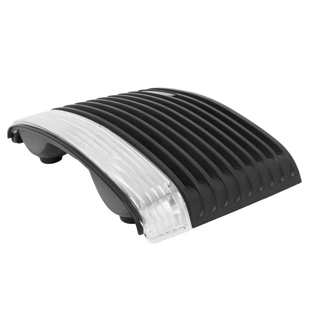 Front hood grille with headlight lens, side view of black slats and clear lens
