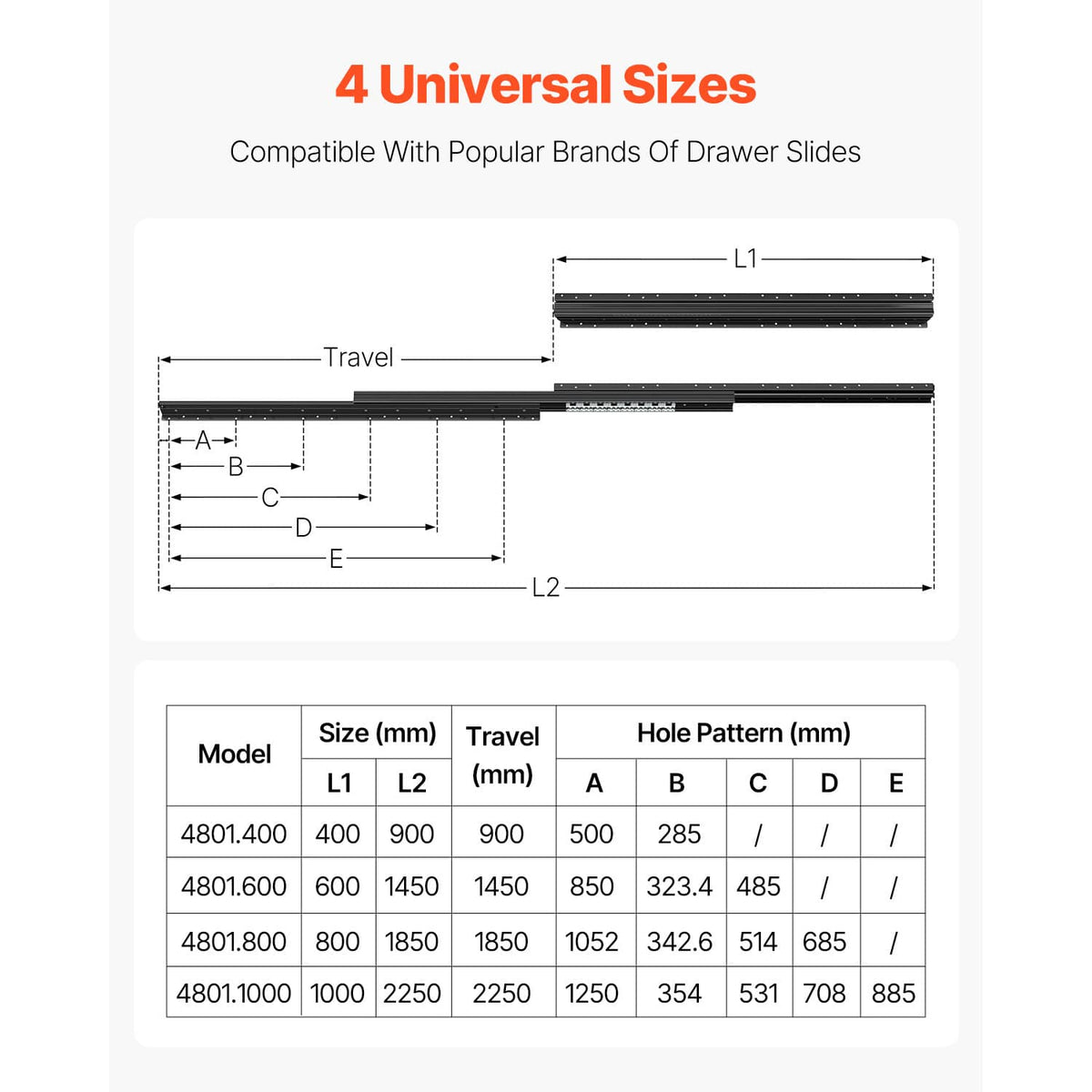 Drawer slide rails sizing diagram with travel measurement and hole pattern layout