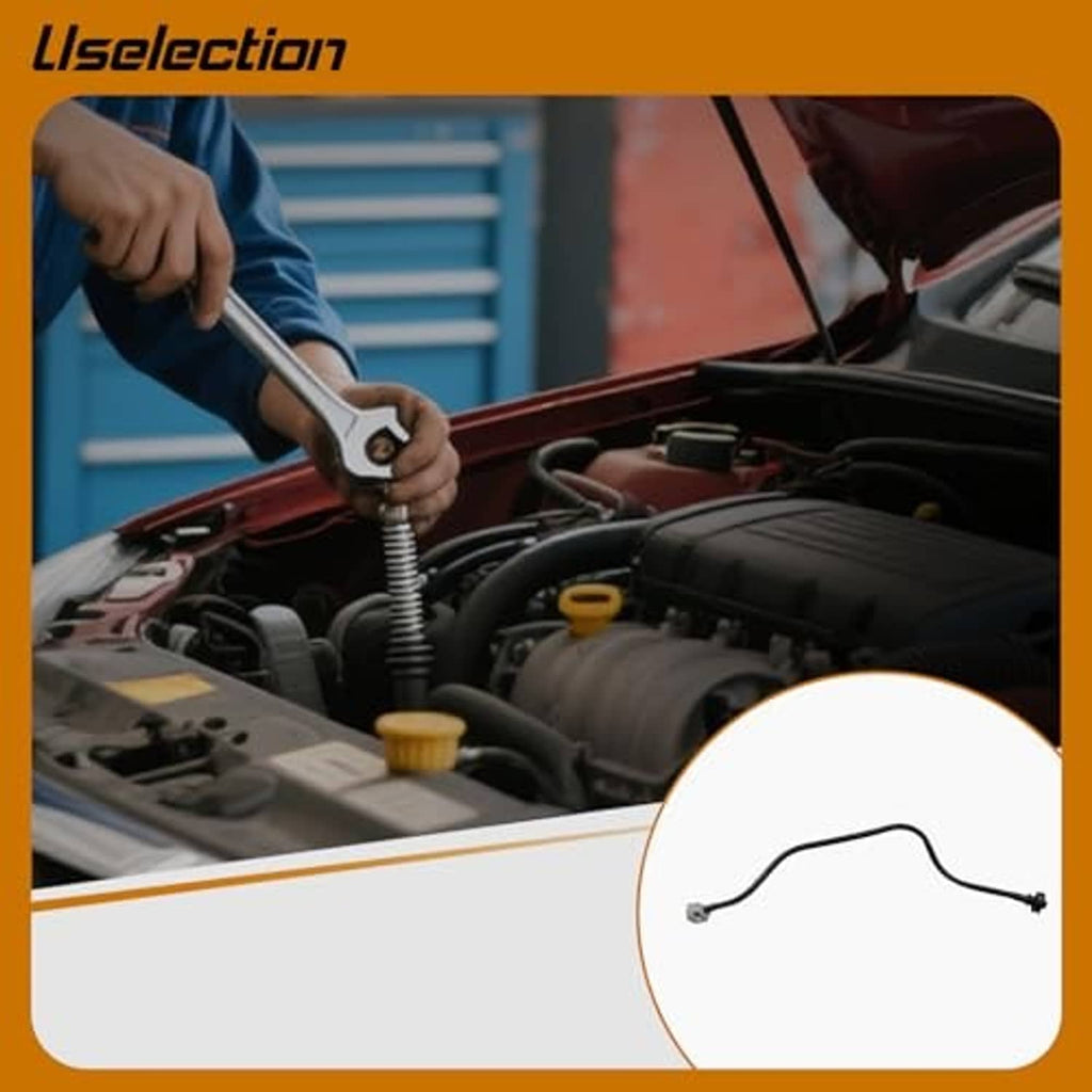 Coolant overflow hose inset shown beside a wrench and engine bay components