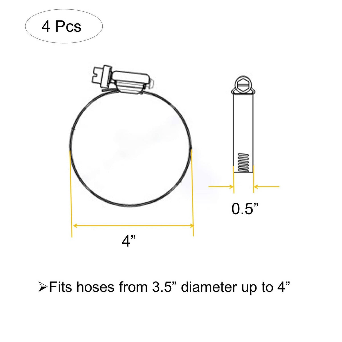 Set of 4 stainless steel hose clamps, 4-inch size, 0.5-inch band width