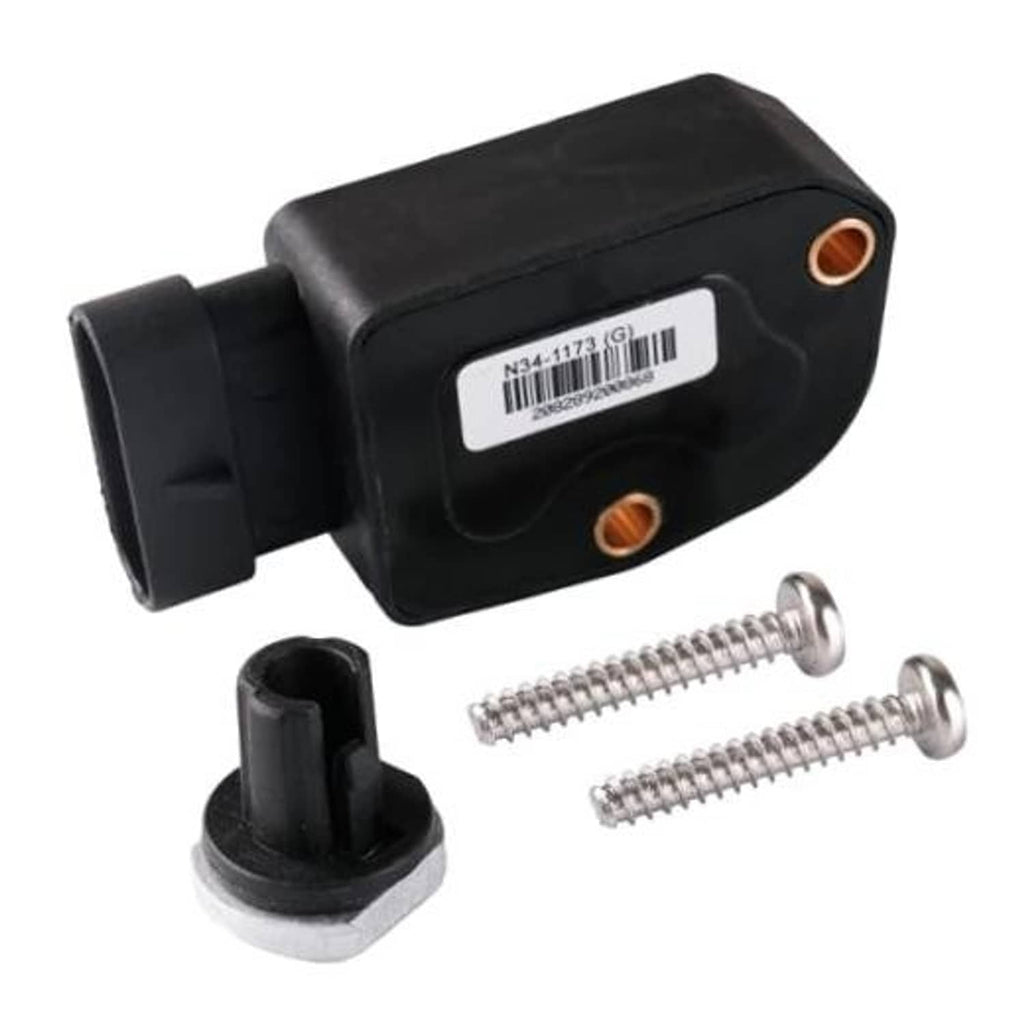 Black throttle sensor with mounting base, connector port, and two silver screws