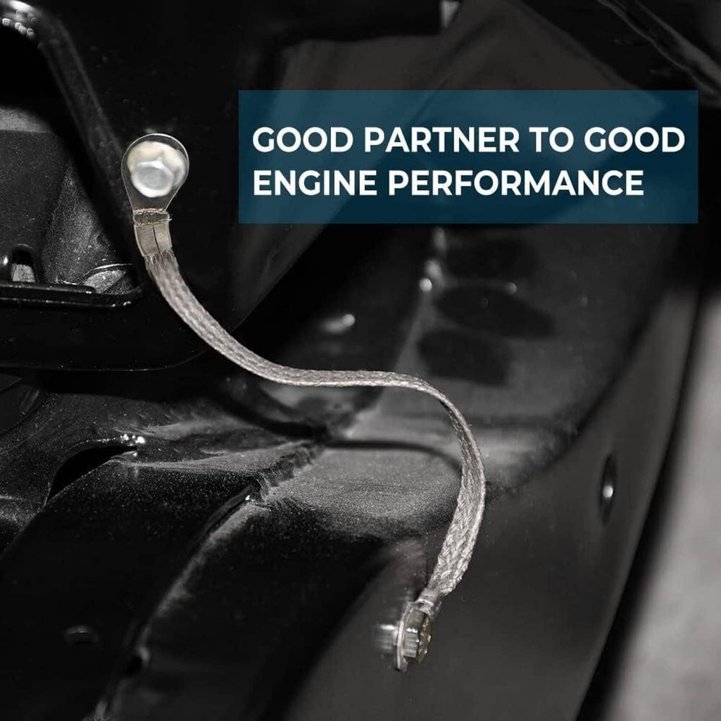 Braided copper ground strap cable with ring terminal in engine area