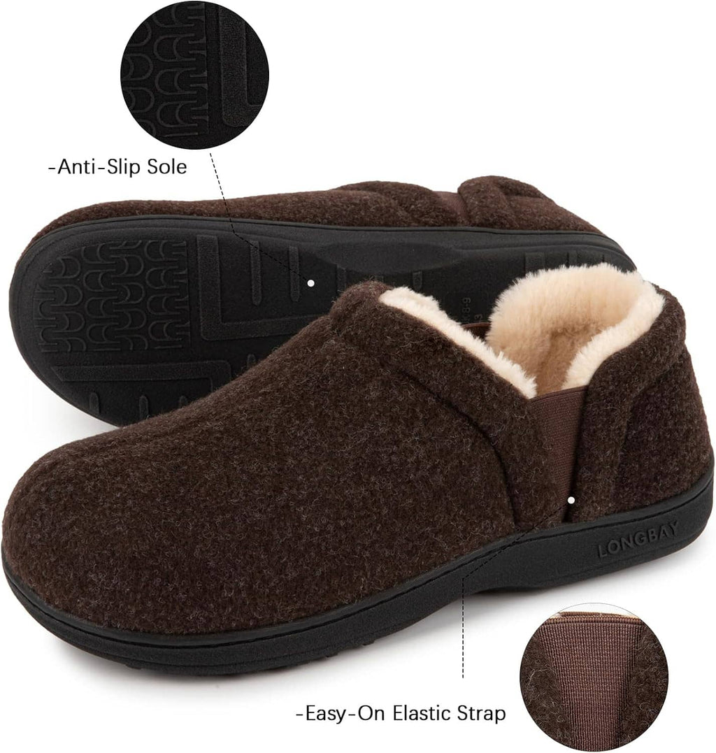Brown slippers with anti-slip sole and elastic strap detail, beige sherpa lining