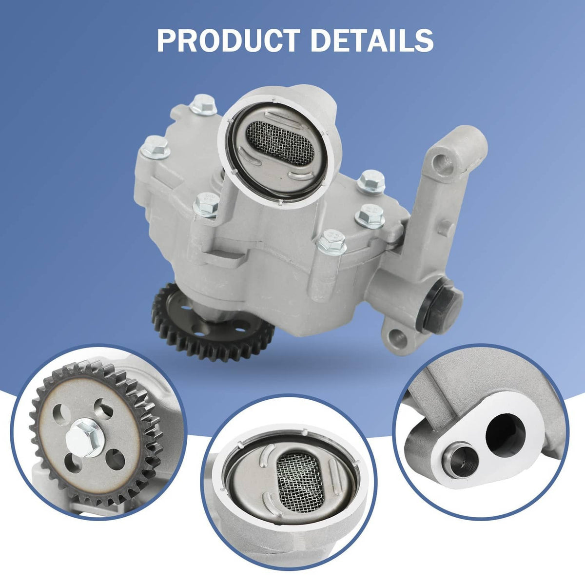 Engine oil pump with gray housing and inlet screen, plus close-up gear details