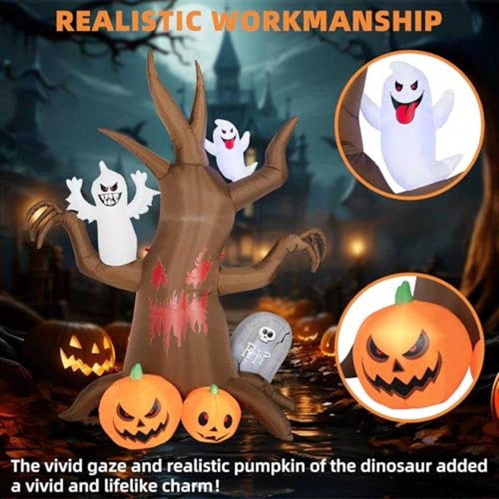 Inflatable Halloween haunted tree decoration with ghosts, tombstone, and carved jack-o-lanterns