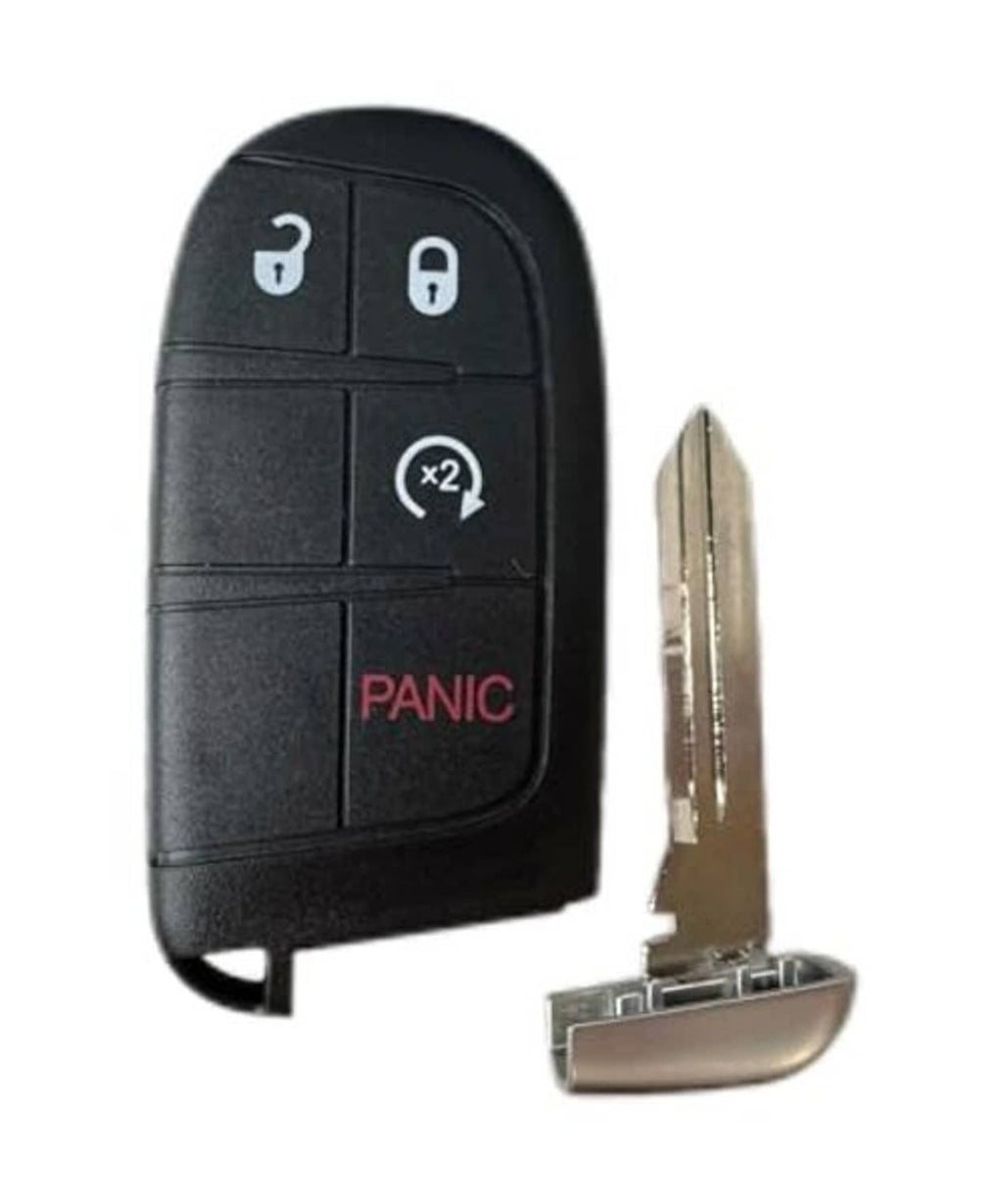 Black proximity key fob with metal key blade extended and red PANIC button