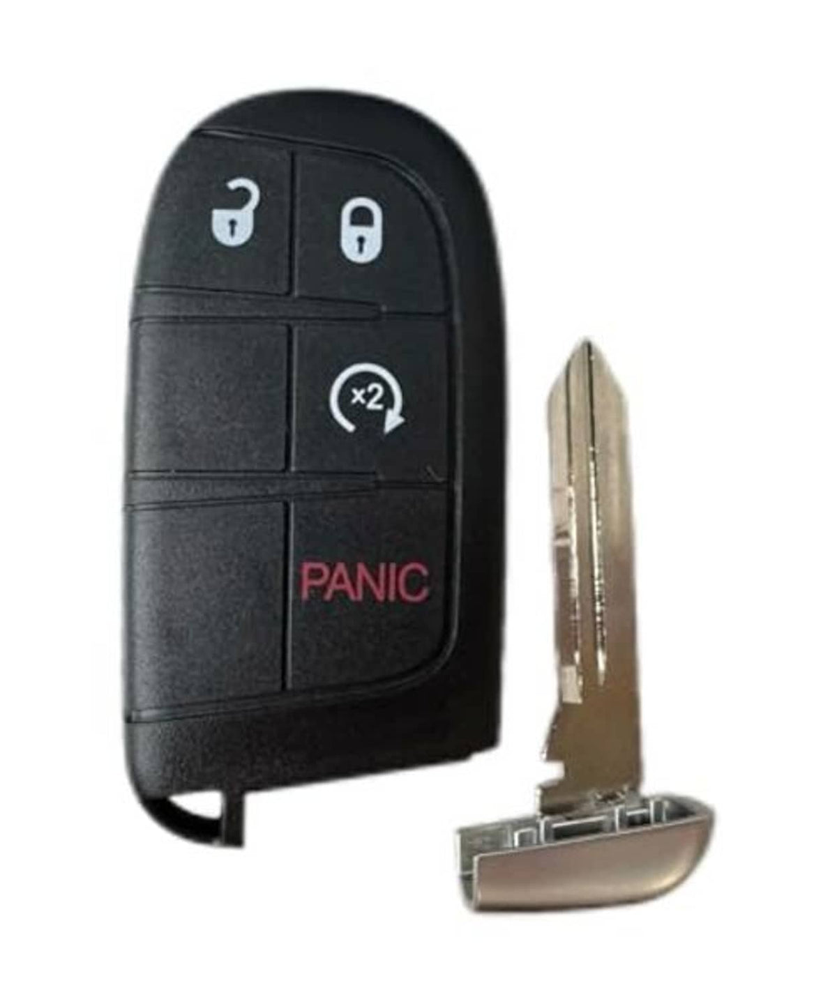 Black proximity key fob with metal key blade extended and red PANIC button