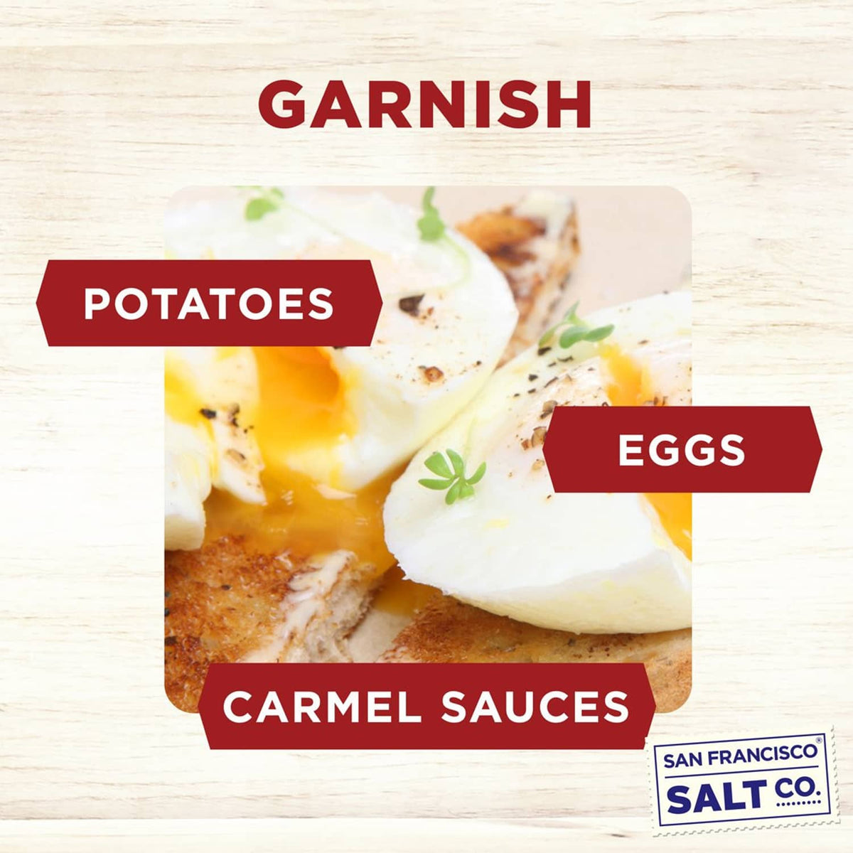 Cherrywood smoked sea salt fine grain shown with eggs, potatoes, and caramel sauces