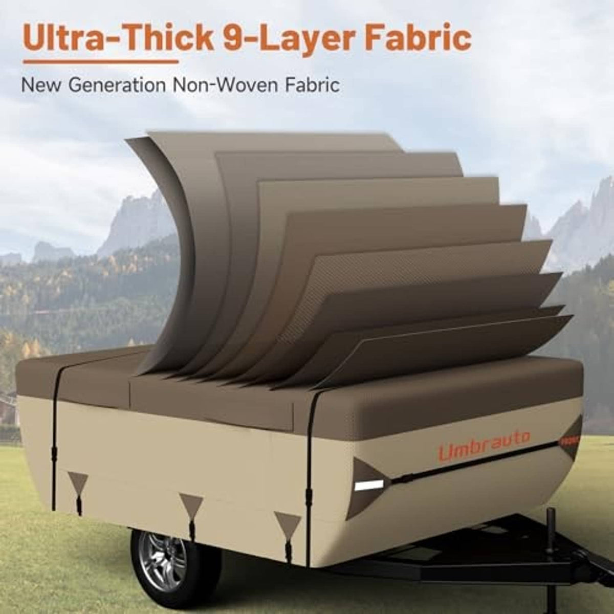 Pop-up camper cover close-up showing ultra-thick 9-layer fabric panels