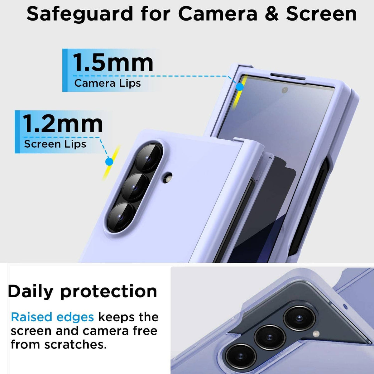 Light purple protective case with raised screen and camera lips, open fold