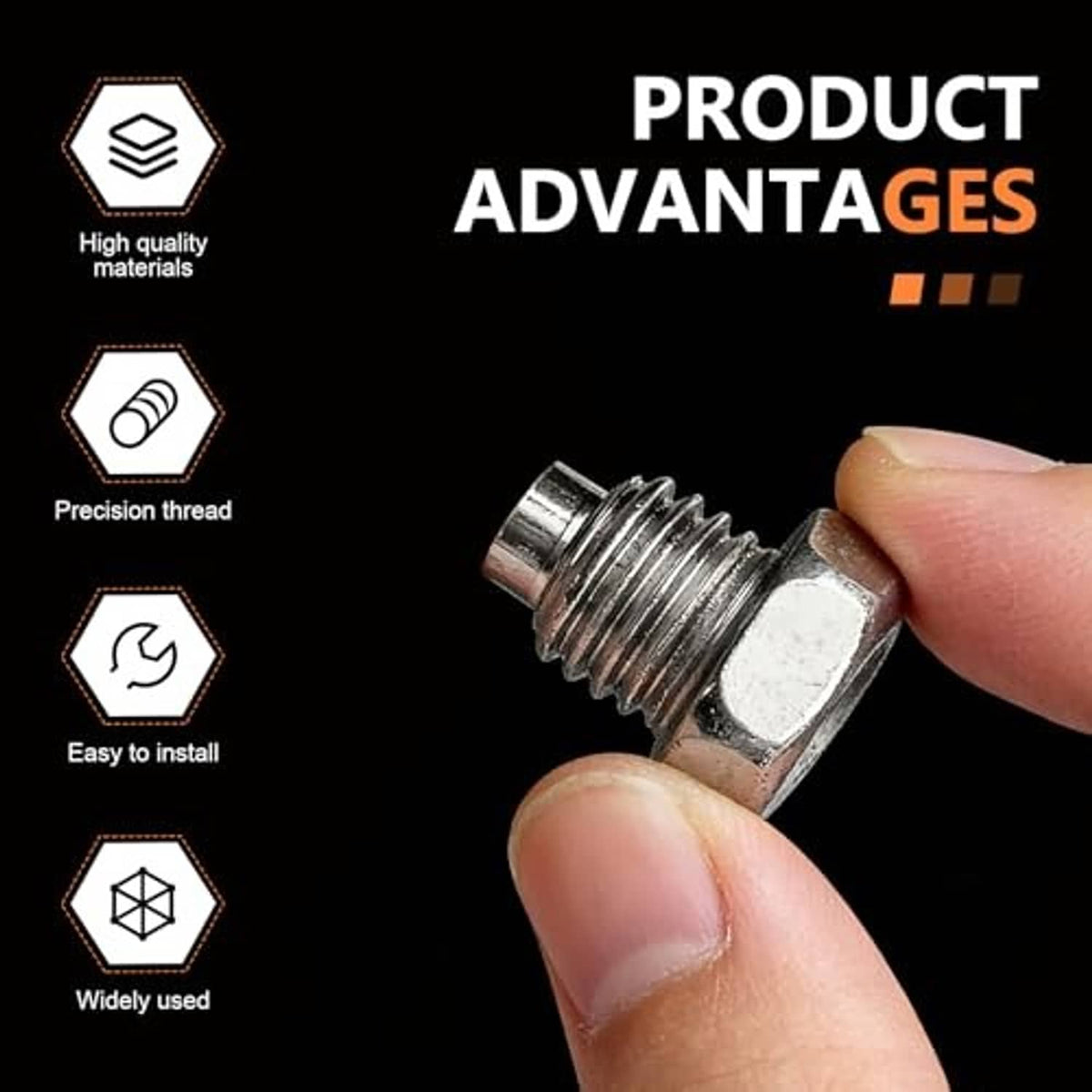 Single silver hex-head jack handle bolt with fine threads, held in fingers