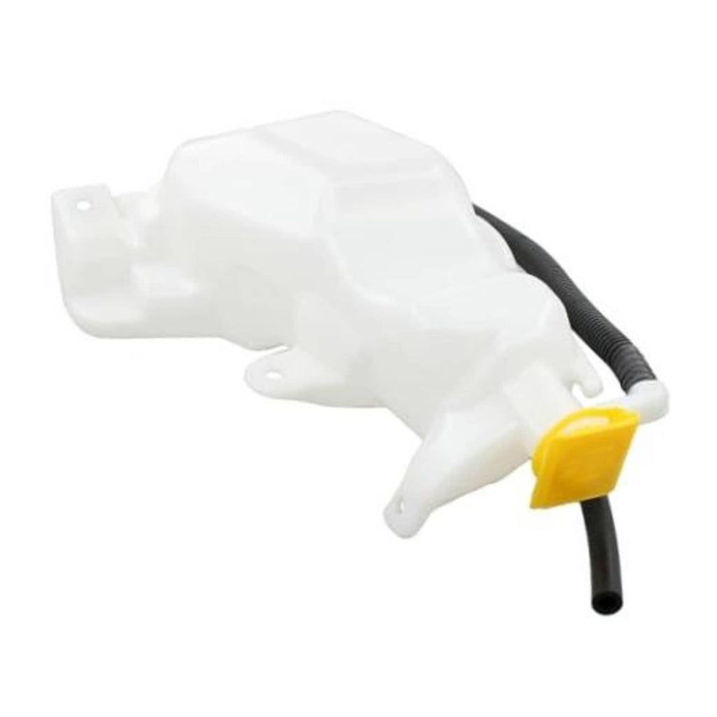 Coolant recovery tank with yellow cap and black hoses, white plastic housing