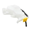 Coolant recovery tank with yellow cap and black hoses, white plastic housing