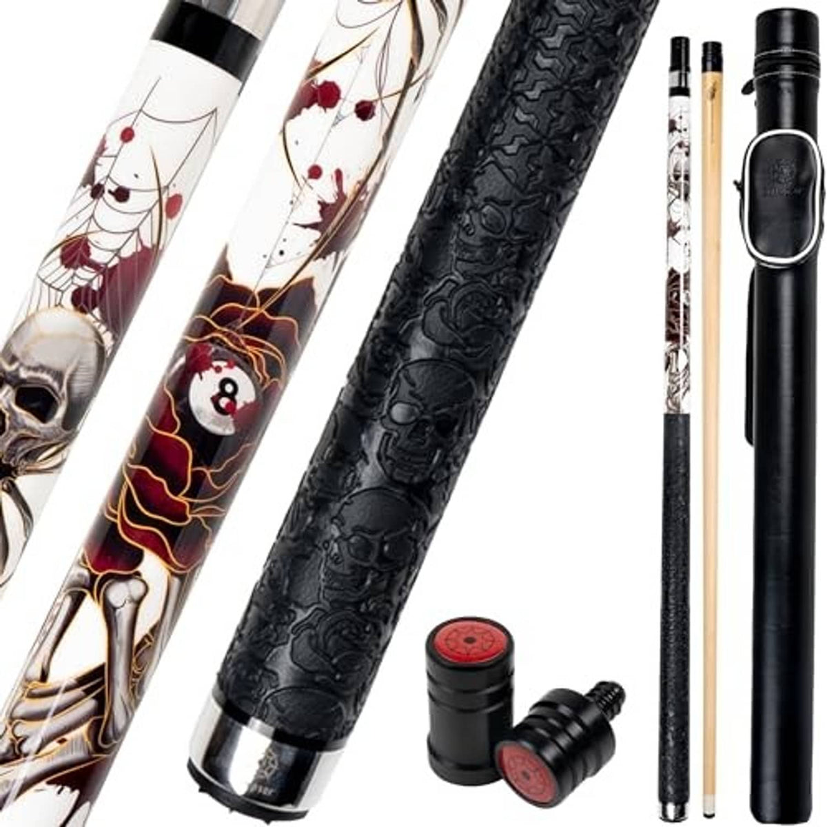 Pool cue set with black hard case, patterned shafts, and red joint protectors