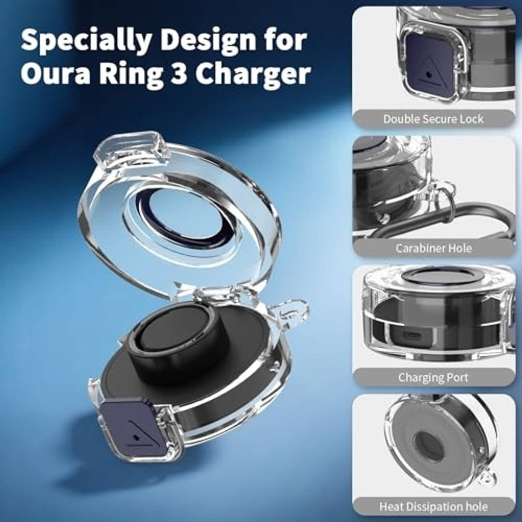 Clear ring charger protective case with black insert, latch and carabiner-style attachment