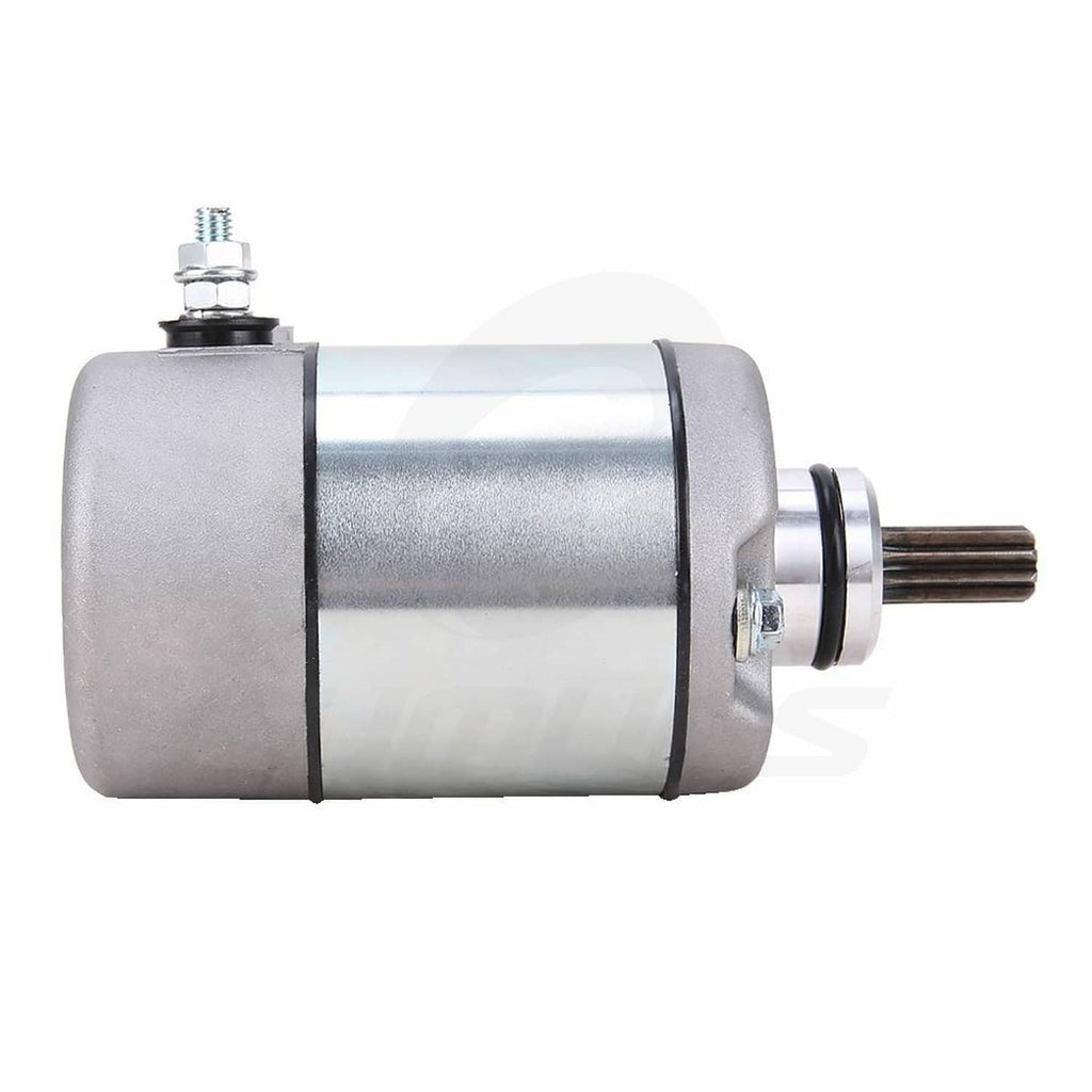 Silver starter motor with black seal band and splined drive shaft