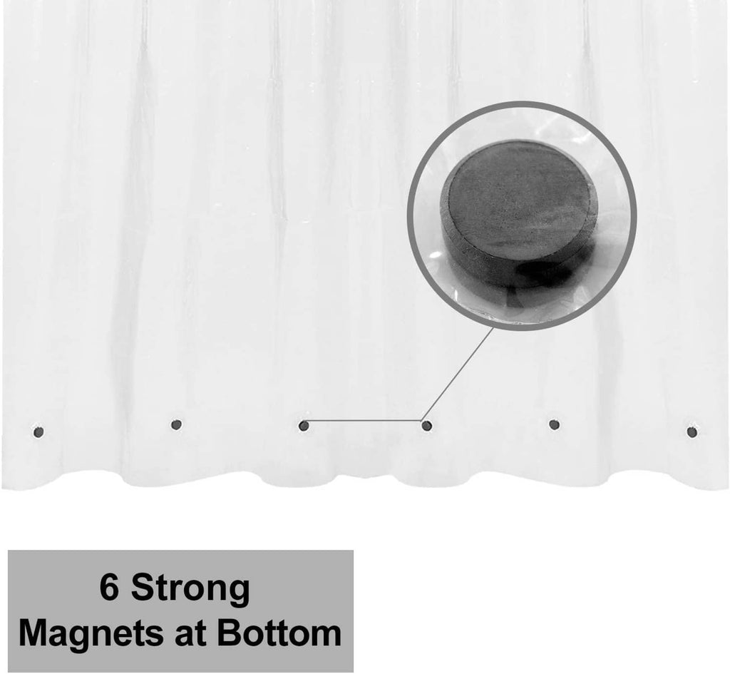 Clear shower liner with a circular weighted magnet visible under the bottom edge