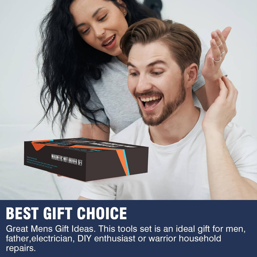 Nut driver set gift box with black and orange graphics held by a person