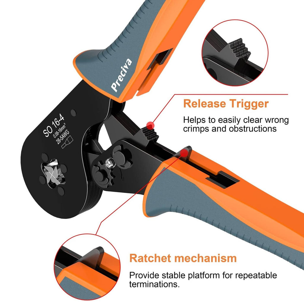 Wire ferrule crimping pliers with release trigger and ratchet mechanism detail