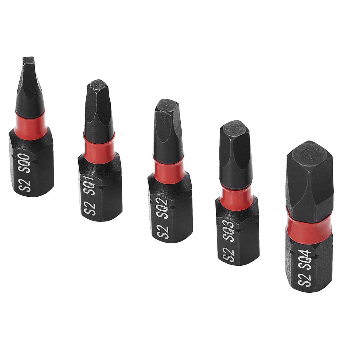 Set of five black Robertson square drive bits with red collars, marked Sq0 to Sq4