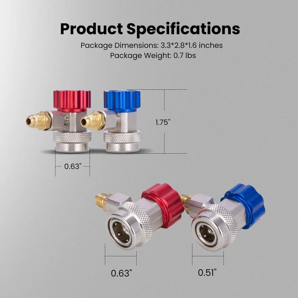 Refrigerant quick coupler adapter pair with brass fittings and port size measurements