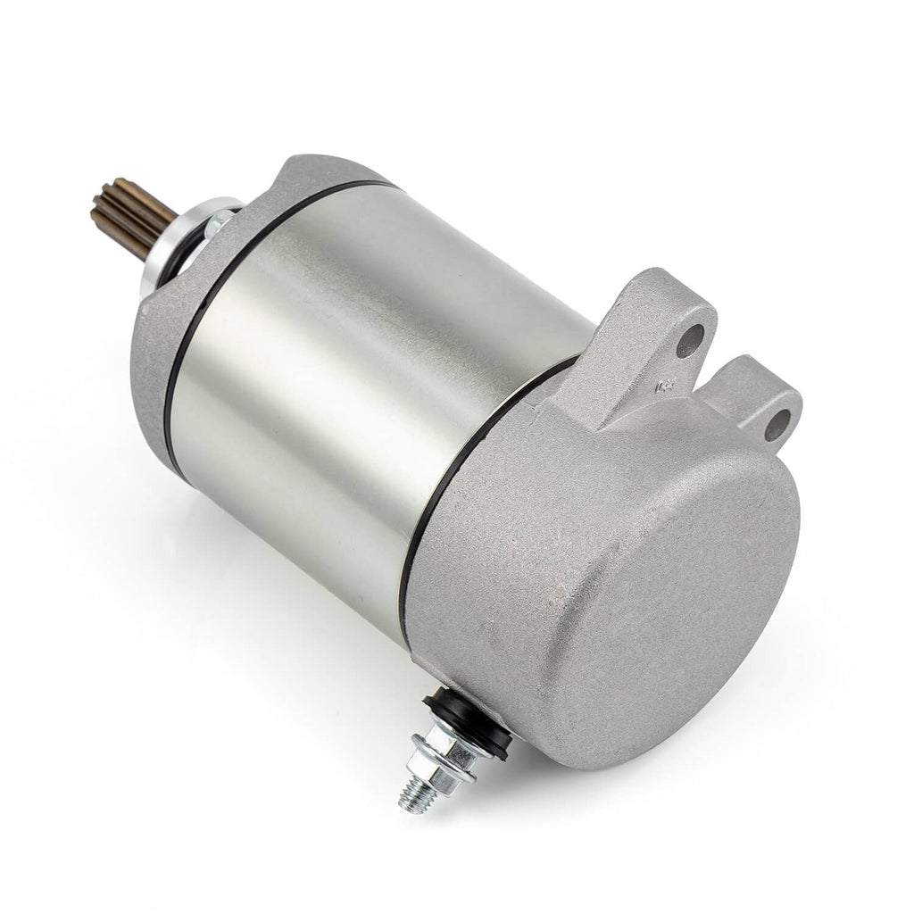 Silver starter motor with side mounting ear and pinion shaft
