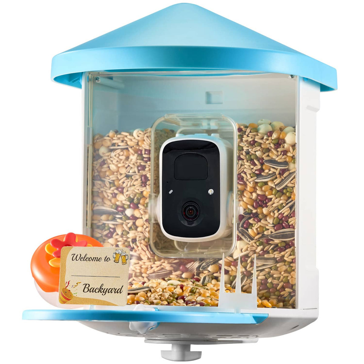Smart bird feeder with camera module, blue canopy and transparent seed hopper