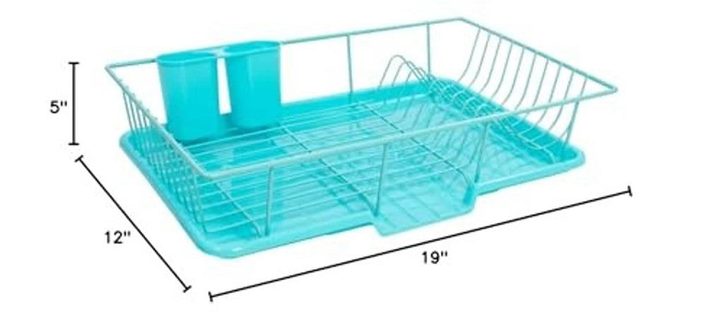 Turquoise dish rack drainer with dimensions shown: 19 in by 12 in by 5 in