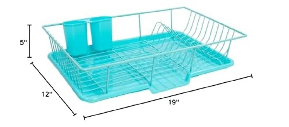Turquoise dish rack drainer with dimensions shown: 19 in by 12 in by 5 in