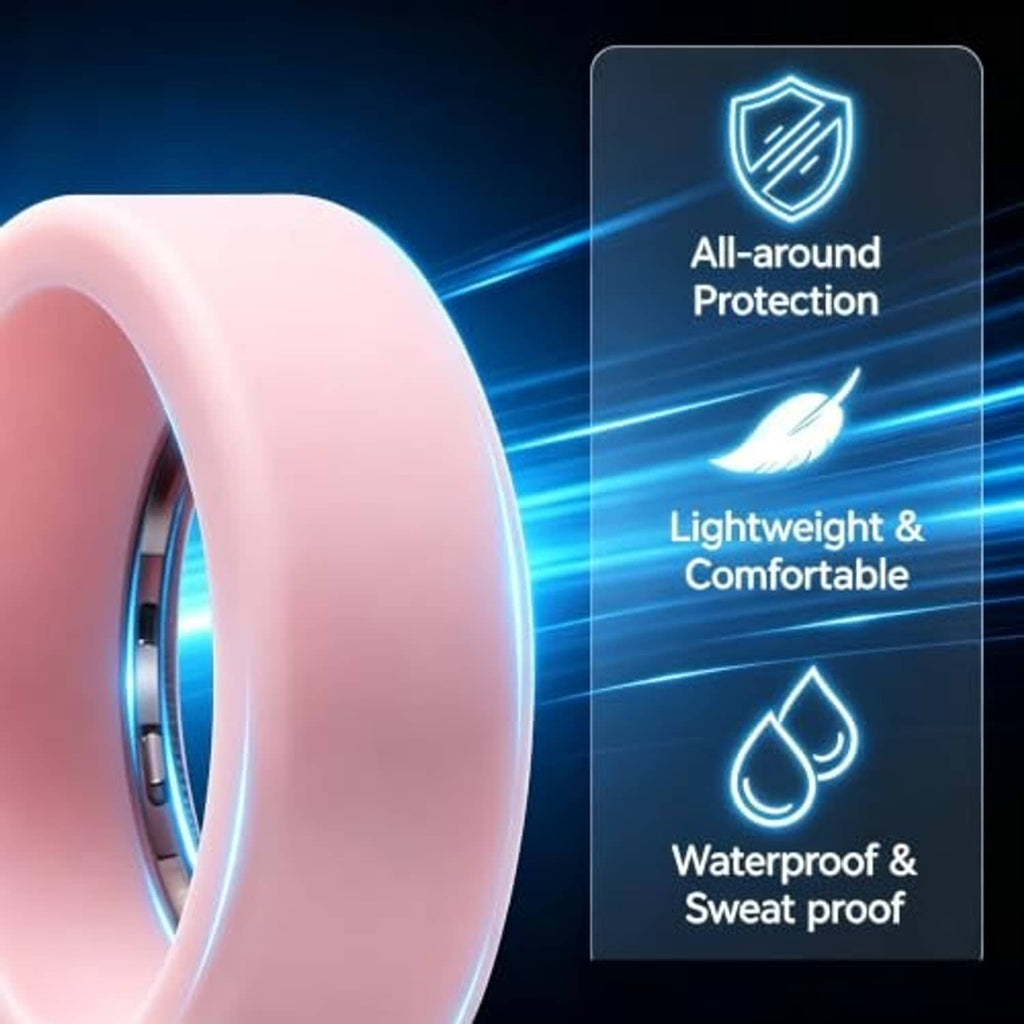 Pink silicone ring cover close-up, smooth protective band for a smart ring