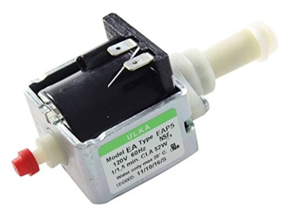 Ulka EAP5/s pump with black motor housing, label, red switch, and white tubing ports