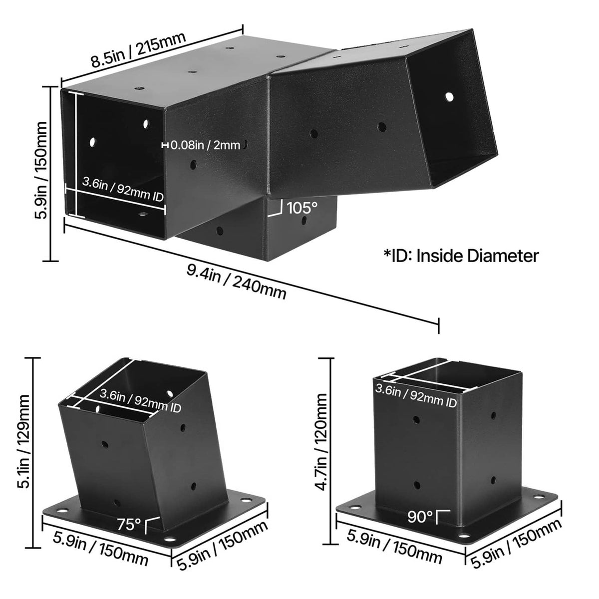 Black 3-way slanted bracket with diagram-style sizing marks and inside diameter
