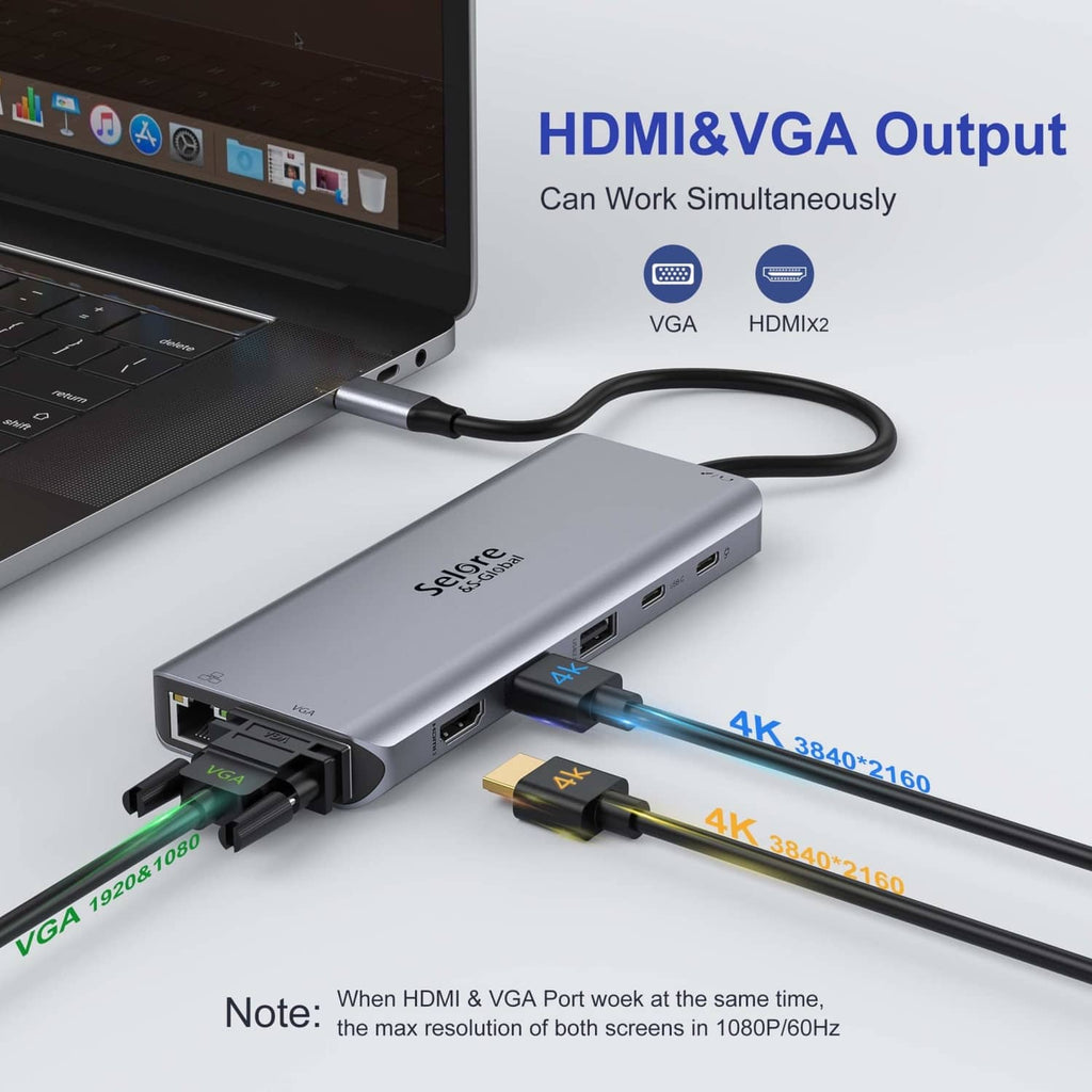 USB-C dock with HDMI and VGA video output ports for 4K dual-screen use