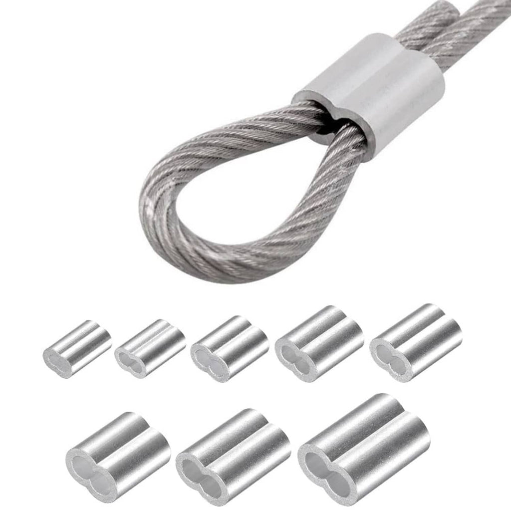 Silver aluminum crimp loop ferrule sleeves on looped wire rope cable