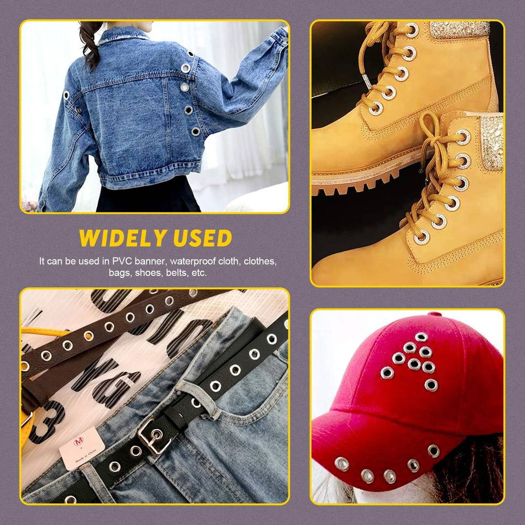 Bronze grommets applied to denim jacket, boots, and a red cap