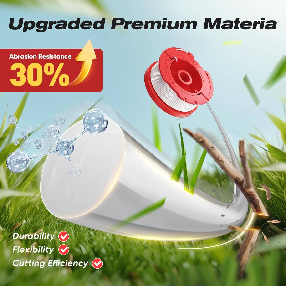 Red and white trimmer line spool for weed wacker, with protective design detail