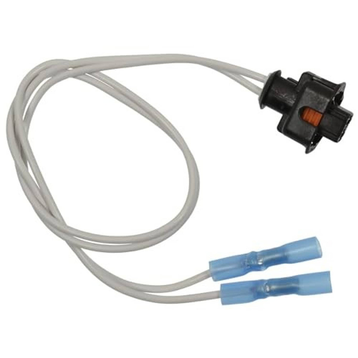 Vehicle wiring pigtail with gray wires and two blue crimp terminals, black connector plug