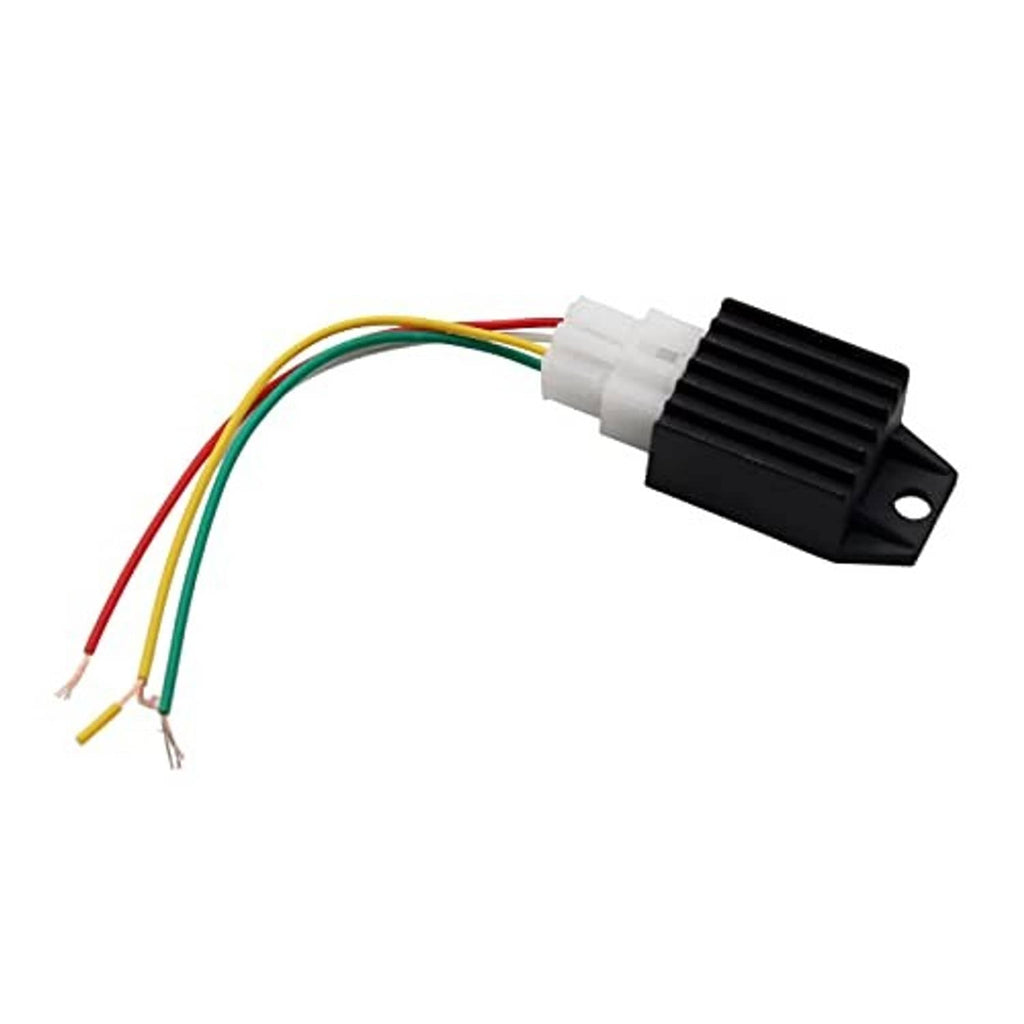 Black finned voltage rectifier regulator with white 4-pin connector and wire leads
