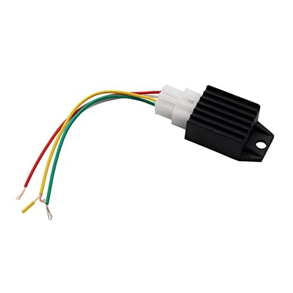 Black finned voltage rectifier regulator with white 4-pin connector and wire leads