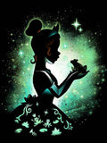 5D diamond painting kit artwork featuring a green-lit silhouette of a dancing woman