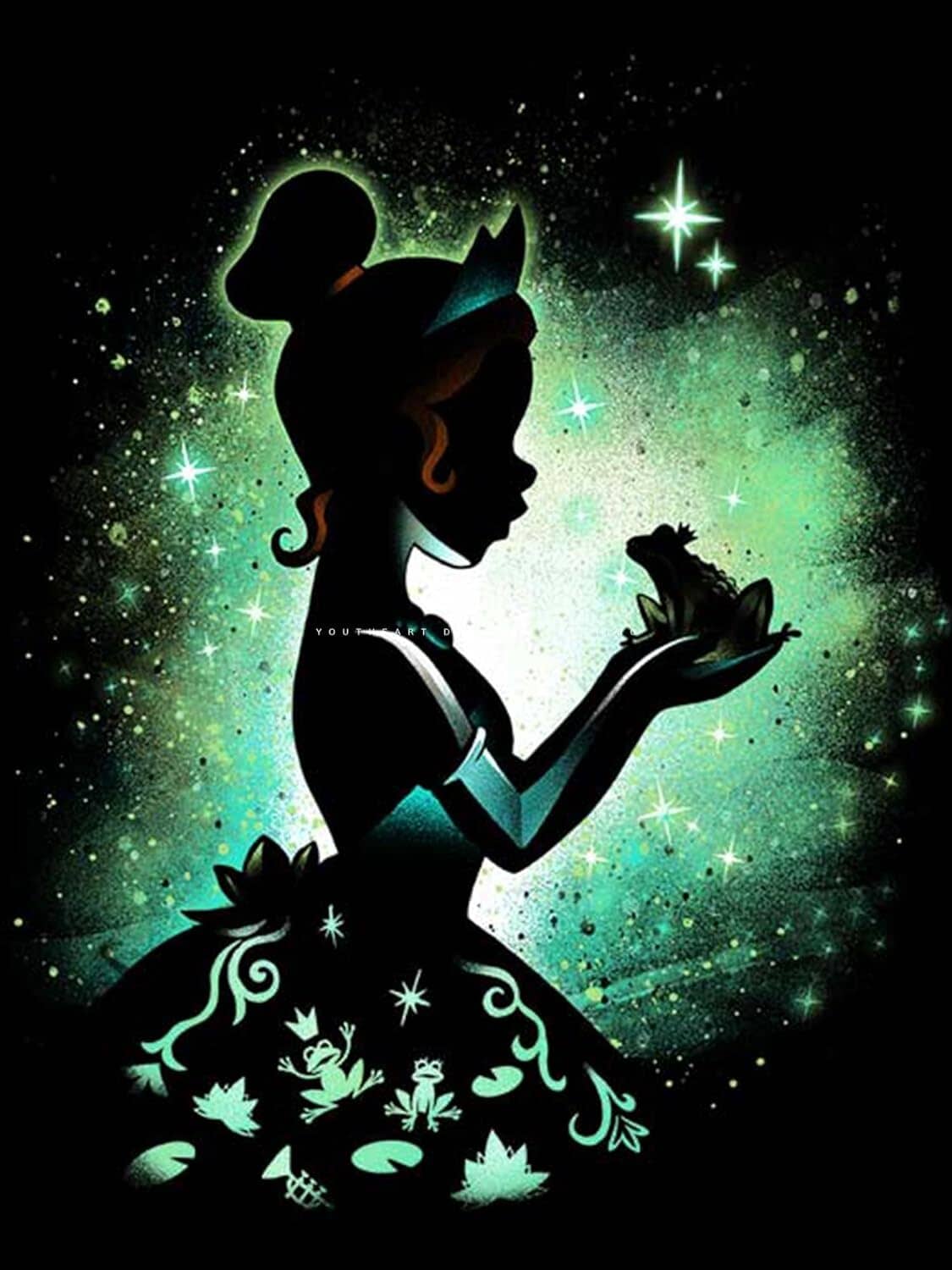 5D diamond painting kit artwork featuring a green-lit silhouette of a dancing woman