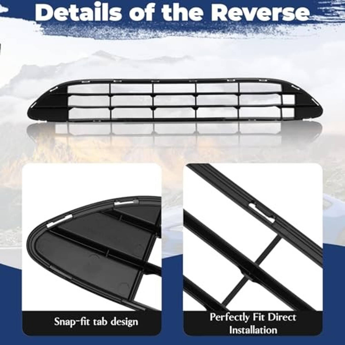 Front bumper lower grille with snap-fit tabs and black grid frame design
