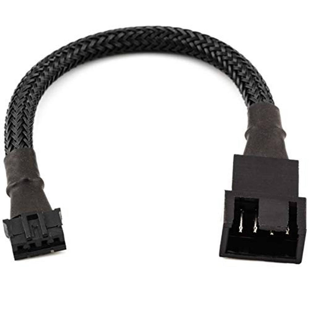 Black braided micro 4-pin GPU fan adapter cable showing both connector ends