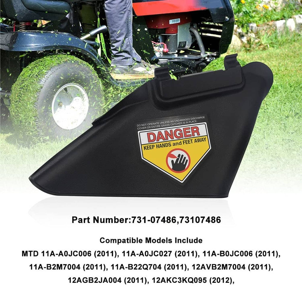 Installed black side discharge chute on a lawn mower with yellow danger warning label