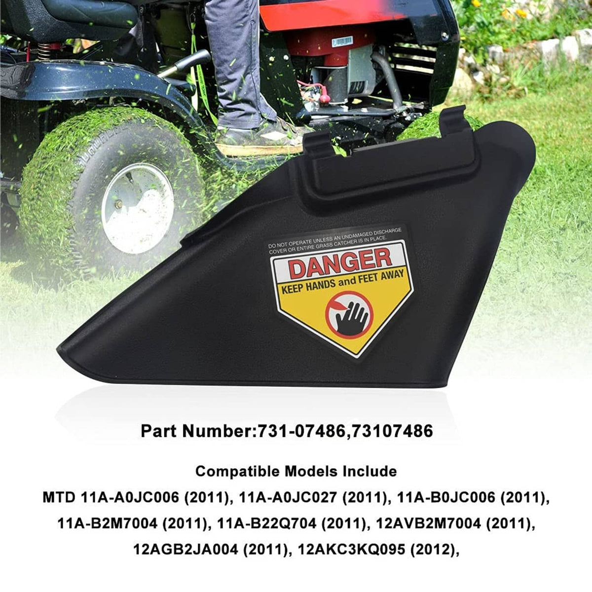 Installed black side discharge chute on a lawn mower with yellow danger warning label