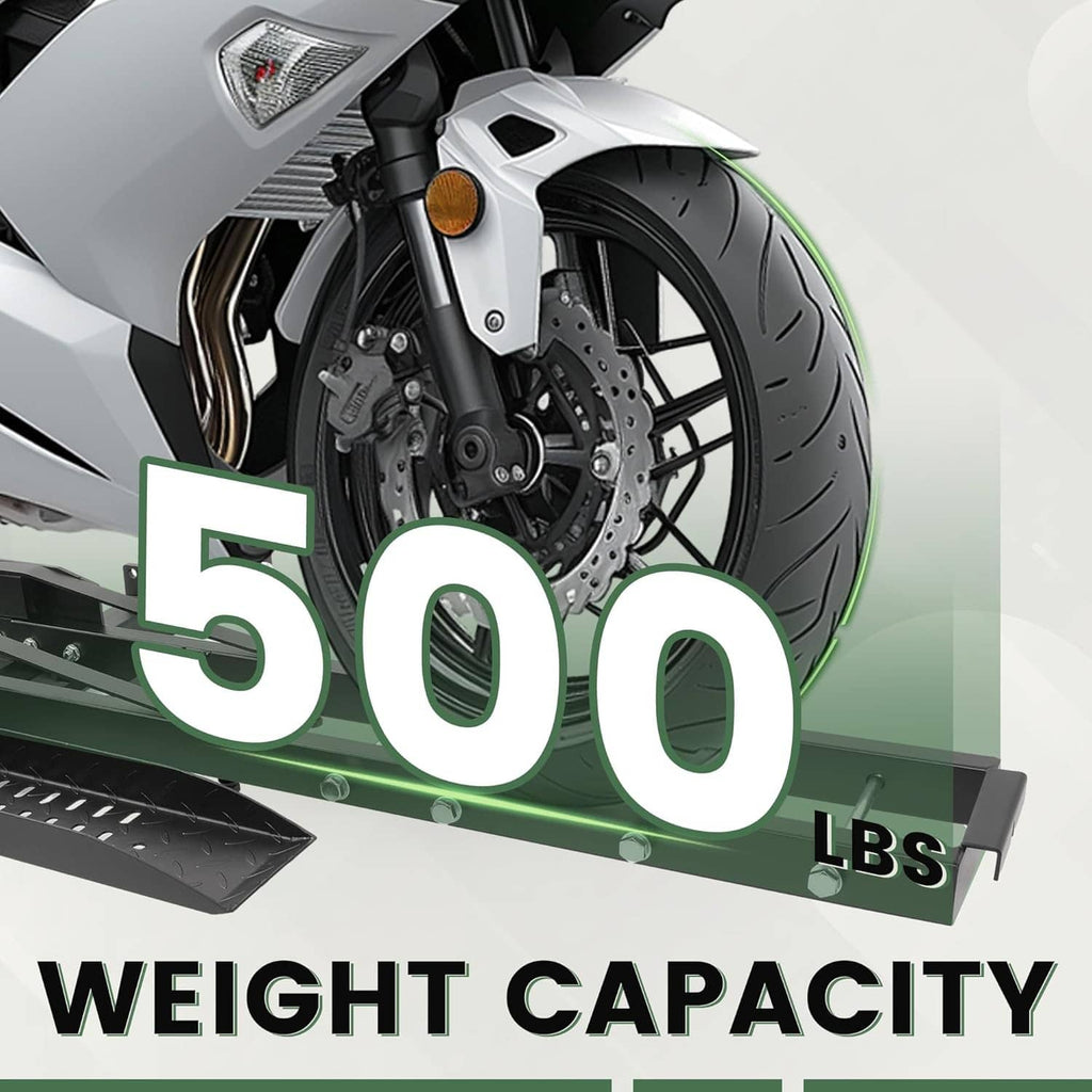 Motorcycle carrier with steel wheel cradle and tie-down holes on platform